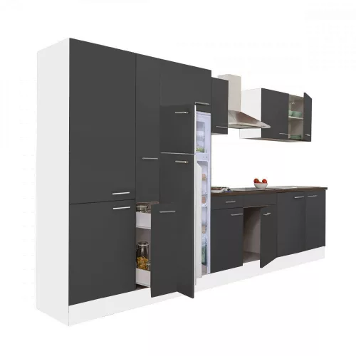 Yorki 360 konyhabútor fehér korpusz,selyemfényű antracit fronttal polcos szekrénnyel és felülfagyasztós hűtős szekrénnyel
