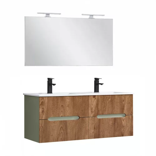 Trent Fürdőszobabútor 120 cm kerámia mosdóval tükörrel 60x120 cm olivazöld-sunset tölgy